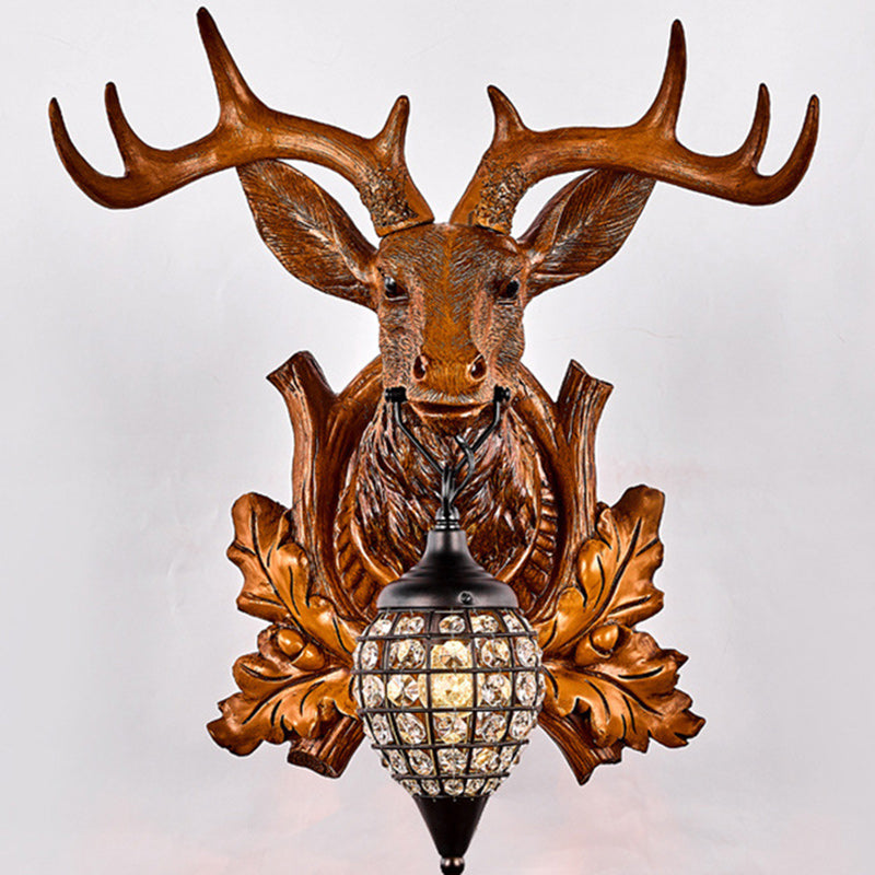 Contemporary Creative Deer Antler Iron Resin Frame Crystal Shade 1-Light Wall Sconce Lamp For Living Room