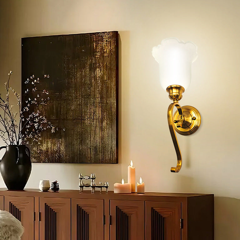 Traditional Vintage Curved Pole Flower Glass Shade Iron 1-Light Wall Sconce Lamp For Living Room