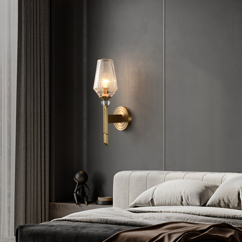 Contemporary Nordic Cylinder Cup Shape Full Brass Frame Glass Shade 1-Light Wall Sconce Lamp For Living Room