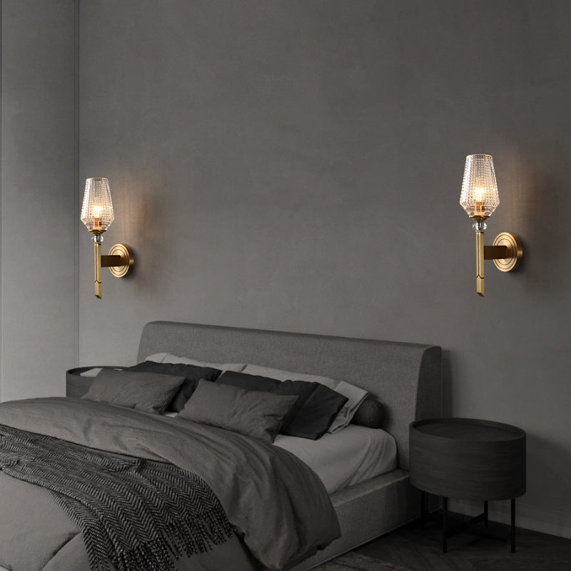 Contemporary Nordic Cylinder Cup Shape Full Brass Frame Glass Shade 1-Light Wall Sconce Lamp For Living Room
