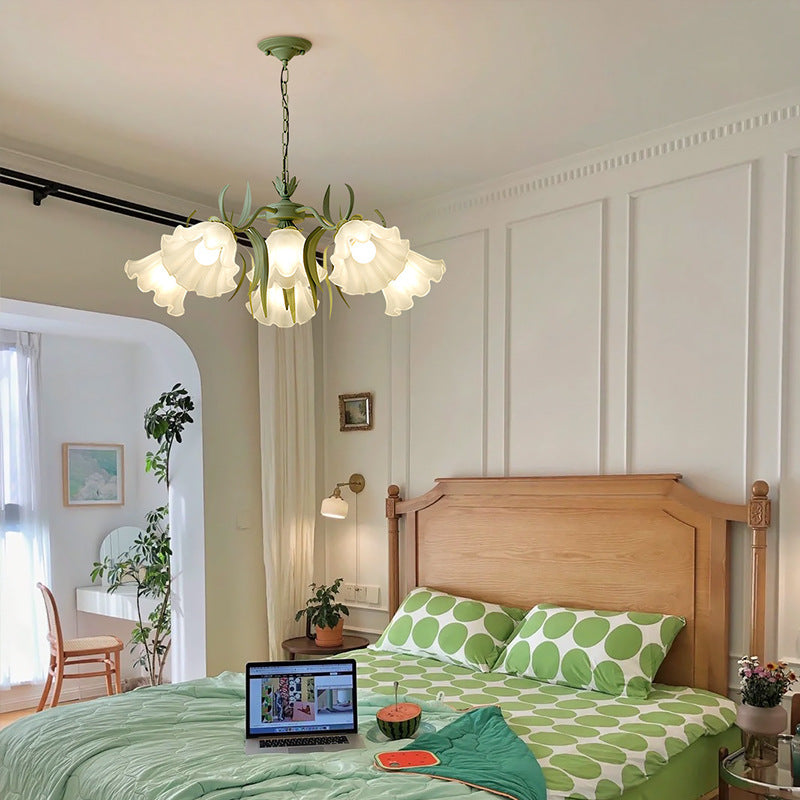 Traditional French Leaf Flower Glass Shade Hardware Frame 4/6/7/9 Light Chandelier For Living Room