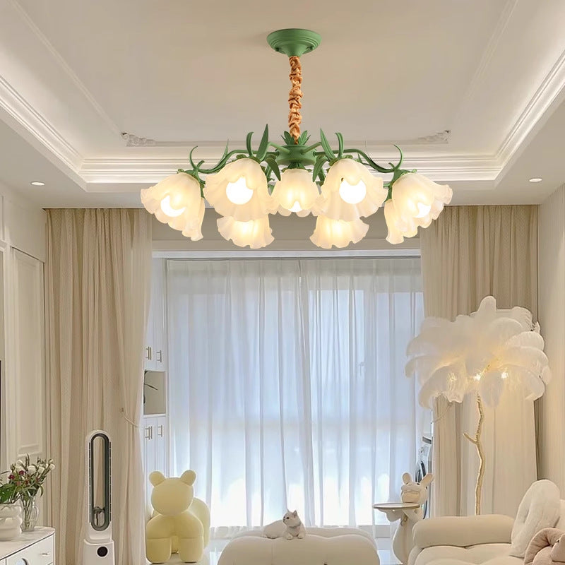 Traditional French Leaf Flower Glass Shade Hardware Frame 4/6/7/9 Light Chandelier For Living Room