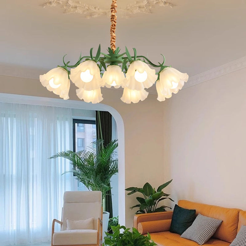 Traditional French Leaf Flower Glass Shade Hardware Frame 4/6/7/9 Light Chandelier For Living Room