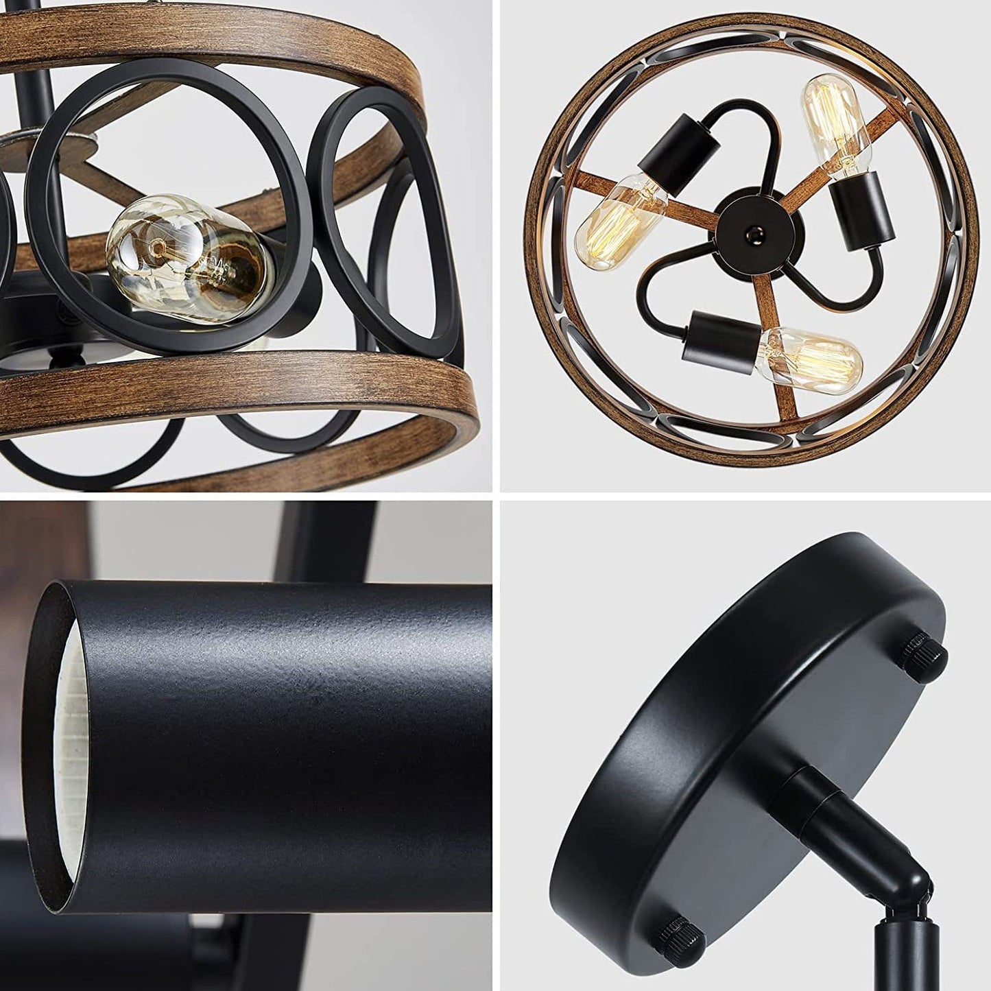 Contemporary Industrial Round Hollowed Out Wood Grain Iron 3-Light Semi-Flush Mount Ceiling Light For Living Room