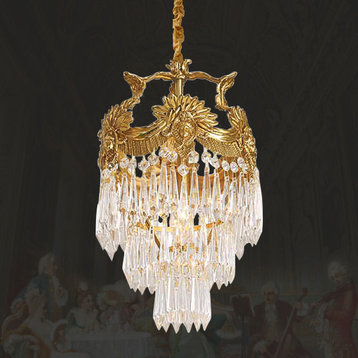 Traditional French Round Flower Carved Crystal Copper Frame 3-Light Pendant Light For Living Room