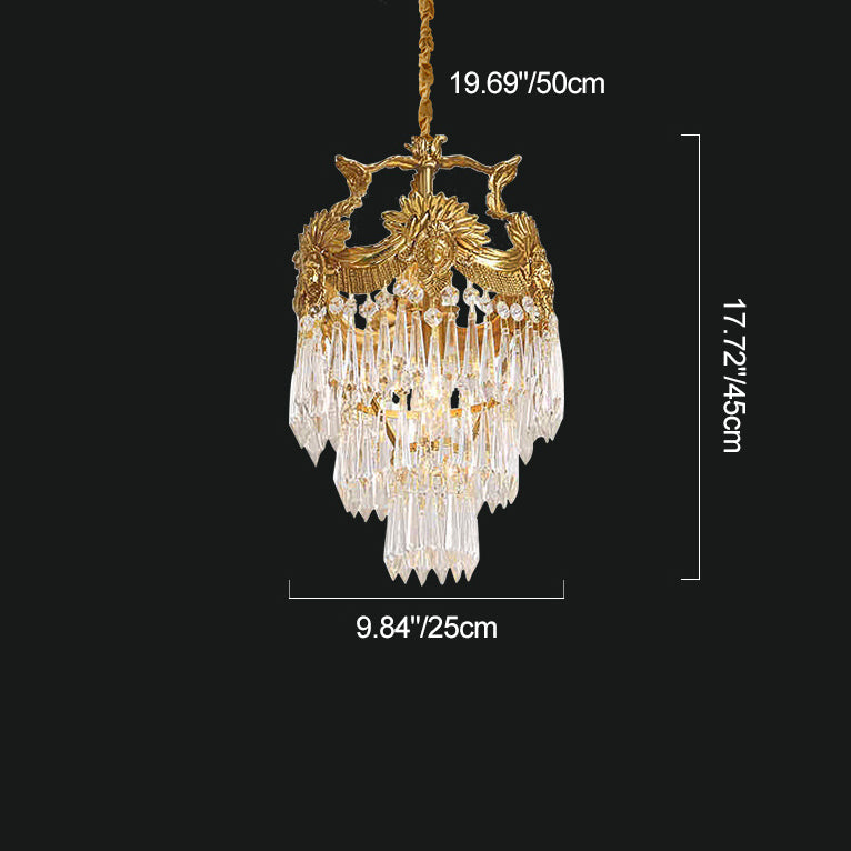 Traditional French Round Flower Carved Crystal Copper Frame 3-Light Pendant Light For Living Room