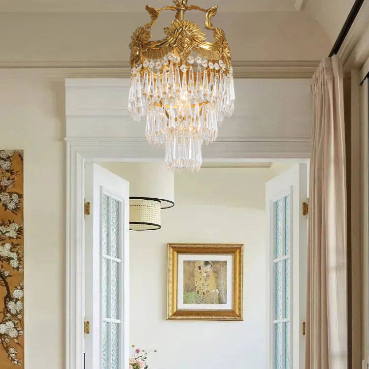 Traditional French Round Flower Carved Crystal Copper Frame 3-Light Pendant Light For Living Room