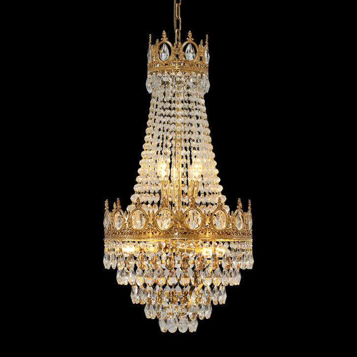 Traditional French Round Crown Shape Cut Diamond Crystal Copper Frame Candelabra 9-Light Chandelier For Living Room