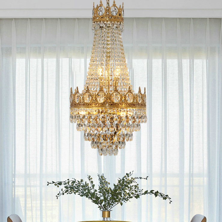 Traditional French Round Crown Shape Cut Diamond Crystal Copper Frame Candelabra 9-Light Chandelier For Living Room