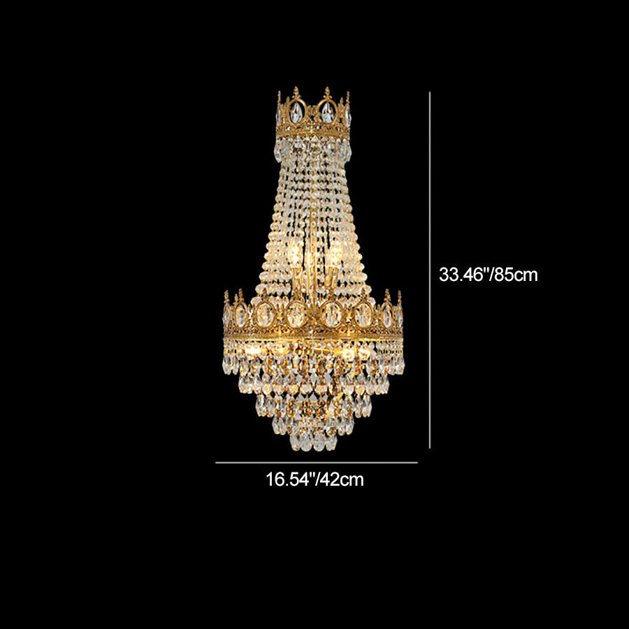 Traditional French Round Crown Shape Cut Diamond Crystal Copper Frame Candelabra 9-Light Chandelier For Living Room