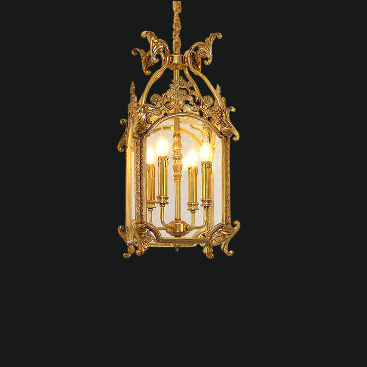 Traditional French Quadrilateral Carved Candle Holder Full Brass Frame 4-Light Pendant Light For Living Room