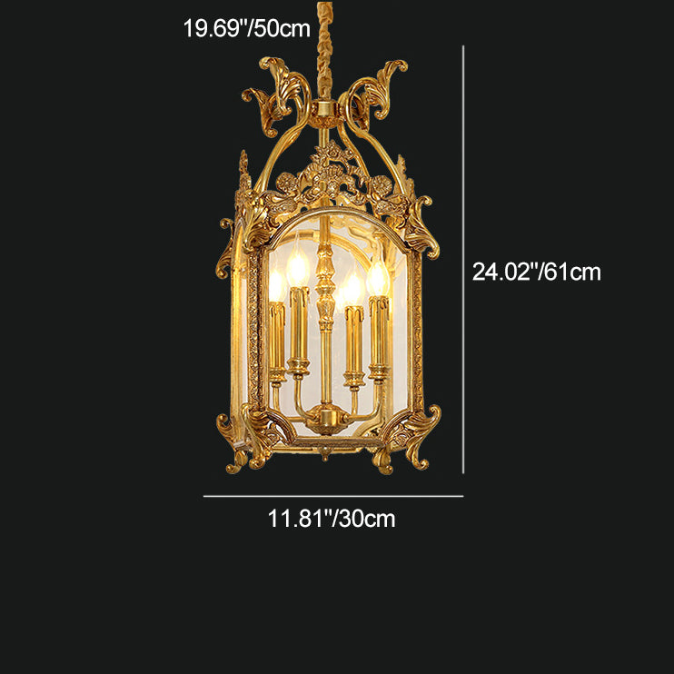 Traditional French Quadrilateral Carved Candle Holder Full Brass Frame 4-Light Pendant Light For Living Room
