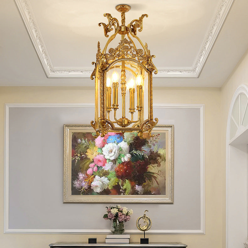 Traditional French Quadrilateral Carved Candle Holder Full Brass Frame 4-Light Pendant Light For Living Room