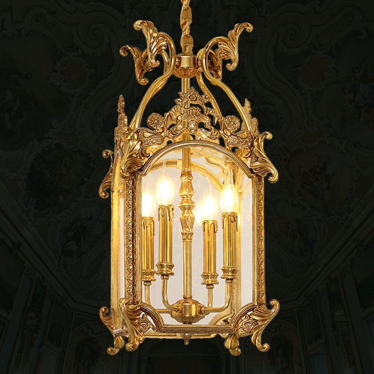 Traditional French Quadrilateral Carved Candle Holder Full Brass Frame 4-Light Pendant Light For Living Room