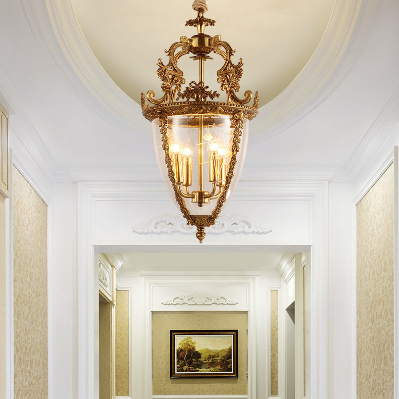 Traditional French Antique Taper Lace Carved Candelabra Full Copper Frame Glass Shade 4-Light Pendant Light For Living Room