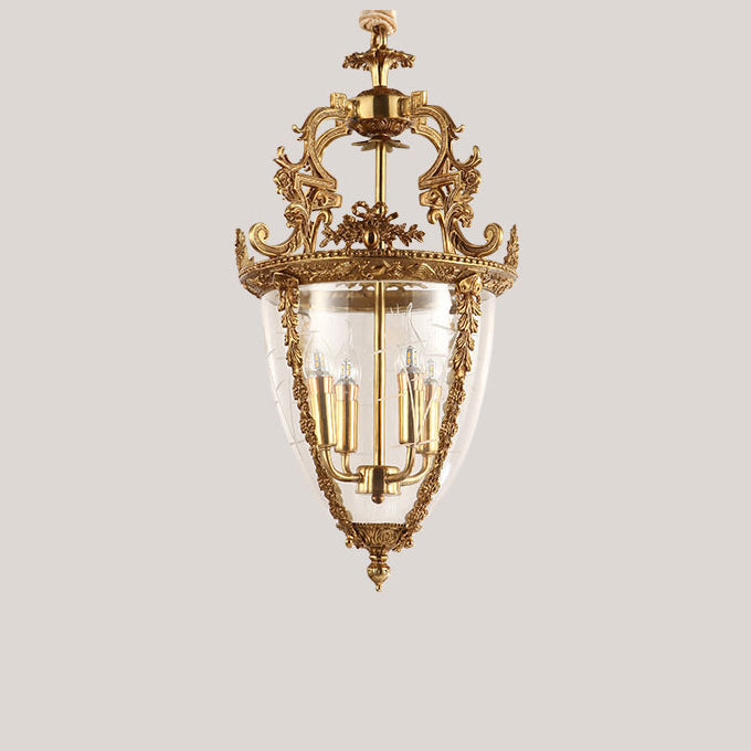 Traditional French Antique Taper Lace Carved Candelabra Full Copper Frame Glass Shade 4-Light Pendant Light For Living Room