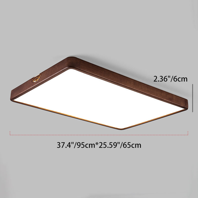 Traditional Chinese Square Rectangle Walnut Grain Rubber Wood Hardware PVC Shade LED Flush Mount Ceiling Light For Living Room
