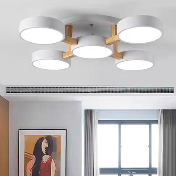 Modern Minimalist Multi Round Iron Wood Acrylic LED Semi-Flush Mount Ceiling Light For Living Room