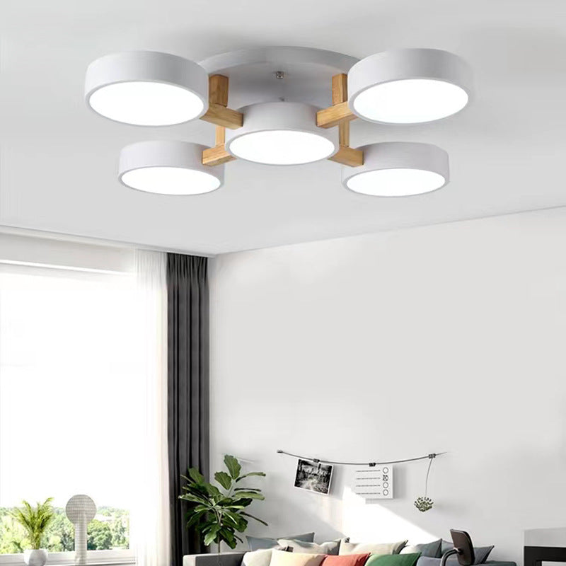 Modern Minimalist Multi Round Iron Wood Acrylic LED Semi-Flush Mount Ceiling Light For Living Room
