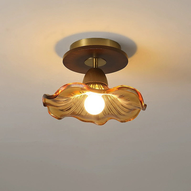 Modern Mid-Century Round Quadrilateral Lace Rubber Wood Iron Glass 1-Light Semi-Flush Mount Ceiling Light For Living Room