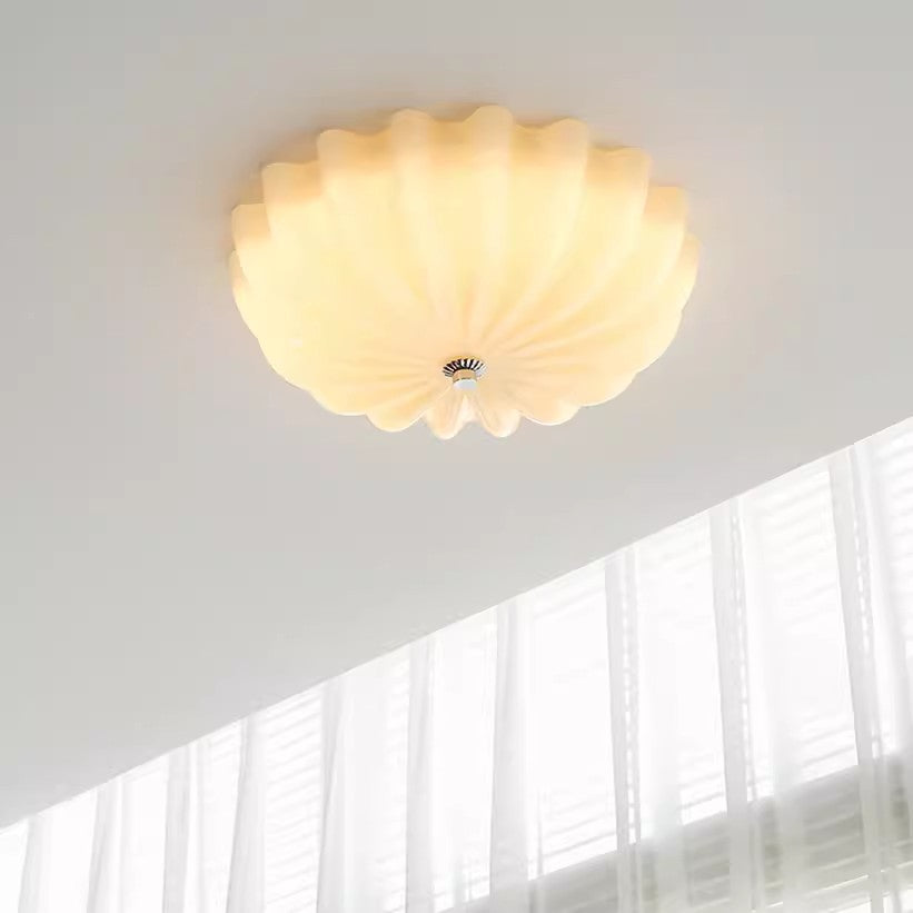 Modern Mid-Century Cream Round Petal Hardware Glass LED Flush Mount Ceiling Light For Bedroom