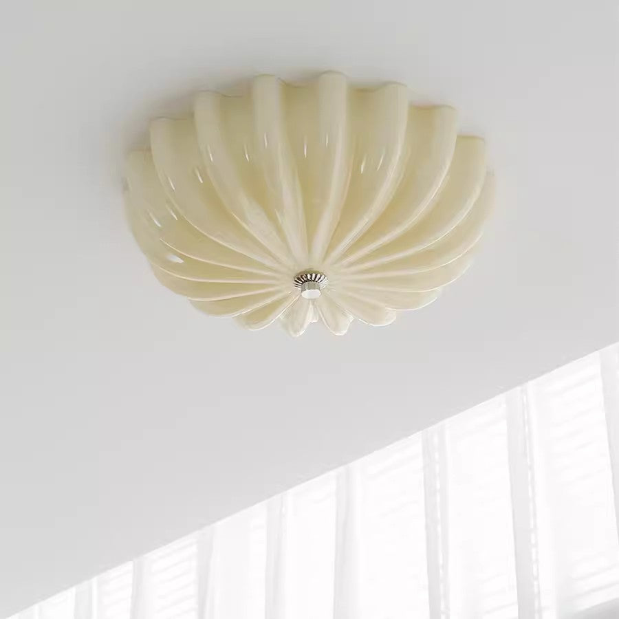 Modern Mid-Century Cream Round Petal Hardware Glass LED Flush Mount Ceiling Light For Bedroom