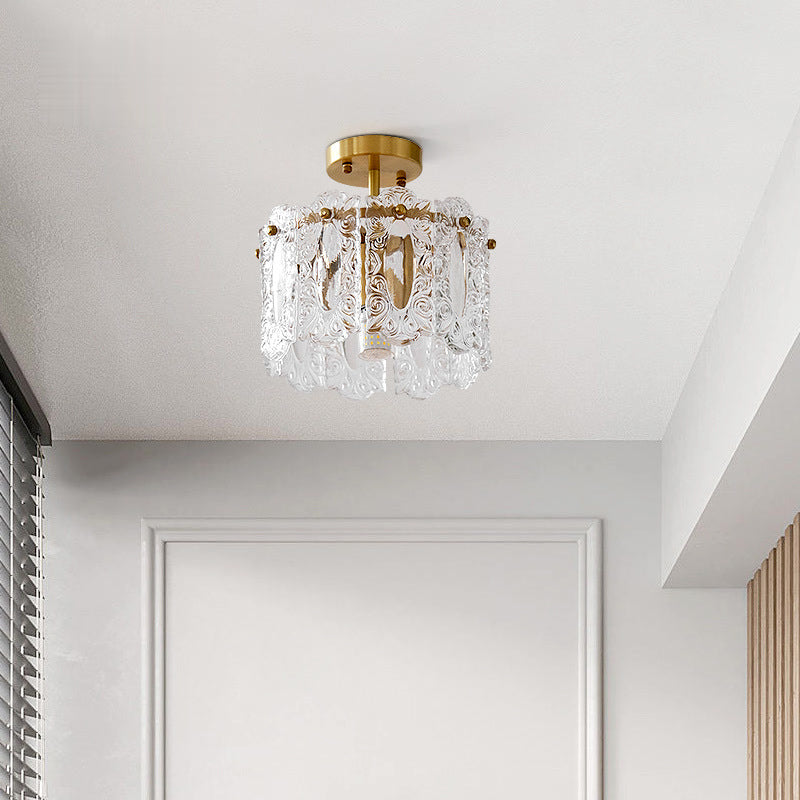 Traditional French Round Lace Full Copper Frame Glass Shade 1-Light Semi-Flush Mount Ceiling Light For Living Room