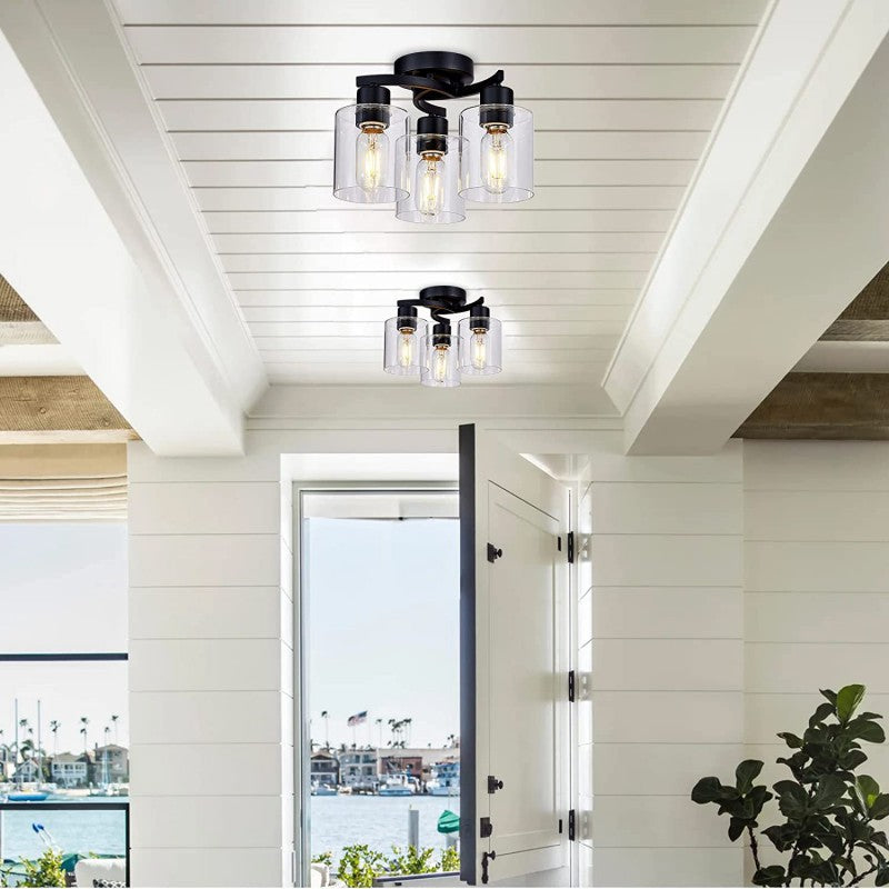 مصباح سقف حديث بسيط على شكل كأس أسطواني من الحديد والزجاج بثلاثة مصابيح شبه مستوية لغرفة المعيشة