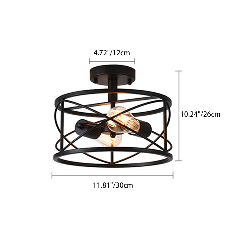 Contemporary Industrial Round Square Geometric Iron Wood Frame 2/4 Light Semi-Flush Mount Ceiling Light For Living Room