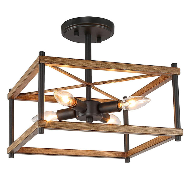 Contemporary Industrial Round Square Geometric Iron Wood Frame 2/4 Light Semi-Flush Mount Ceiling Light For Living Room