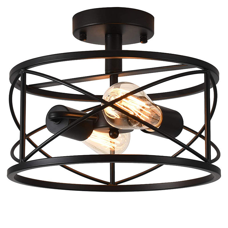 Contemporary Industrial Round Square Geometric Iron Wood Frame 2/4 Light Semi-Flush Mount Ceiling Light For Living Room