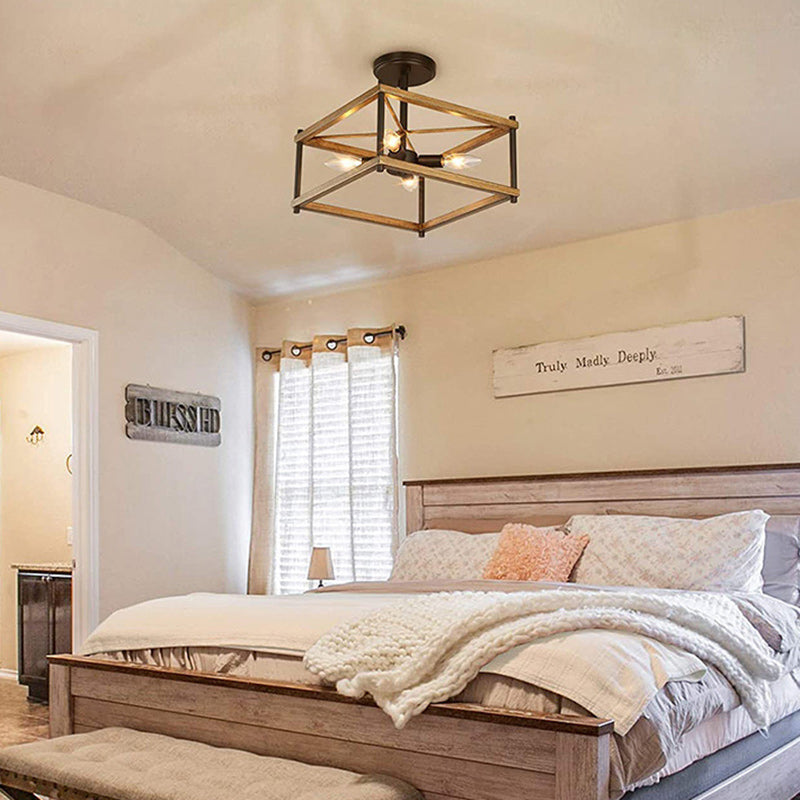 Contemporary Industrial Round Square Geometric Iron Wood Frame 2/4 Light Semi-Flush Mount Ceiling Light For Living Room