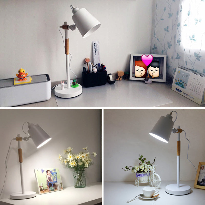 Modern Minimalist Cylinder Wood Hardware 1-Light Study Table Lamp For Bedroom