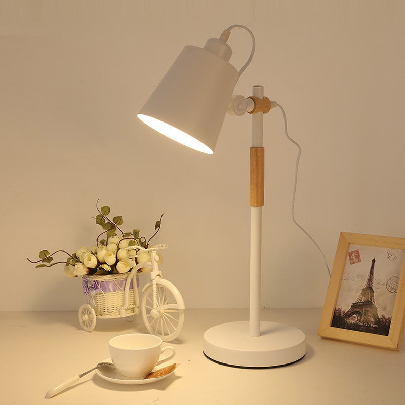 Modern Minimalist Cylinder Wood Hardware 1-Light Study Table Lamp For Bedroom
