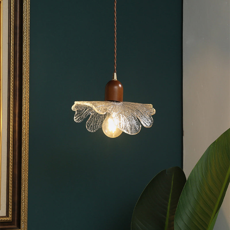 Traditional Vintage Floral Brass Wood Glass Shade 1-Light Pendant Light For Living Room