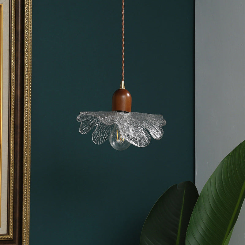 Traditional Vintage Floral Brass Wood Glass Shade 1-Light Pendant Light For Living Room