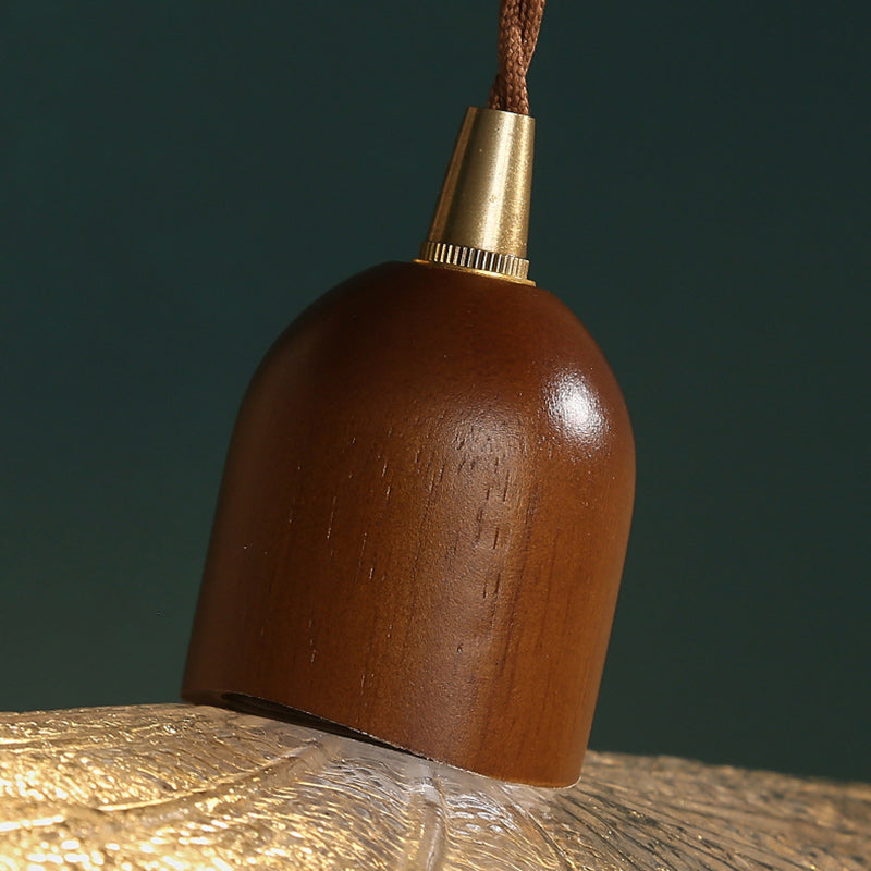 Traditional Vintage Floral Brass Wood Glass Shade 1-Light Pendant Light For Living Room