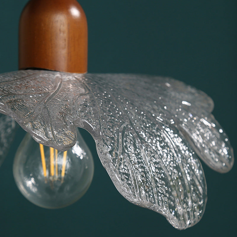 Traditional Vintage Floral Brass Wood Glass Shade 1-Light Pendant Light For Living Room