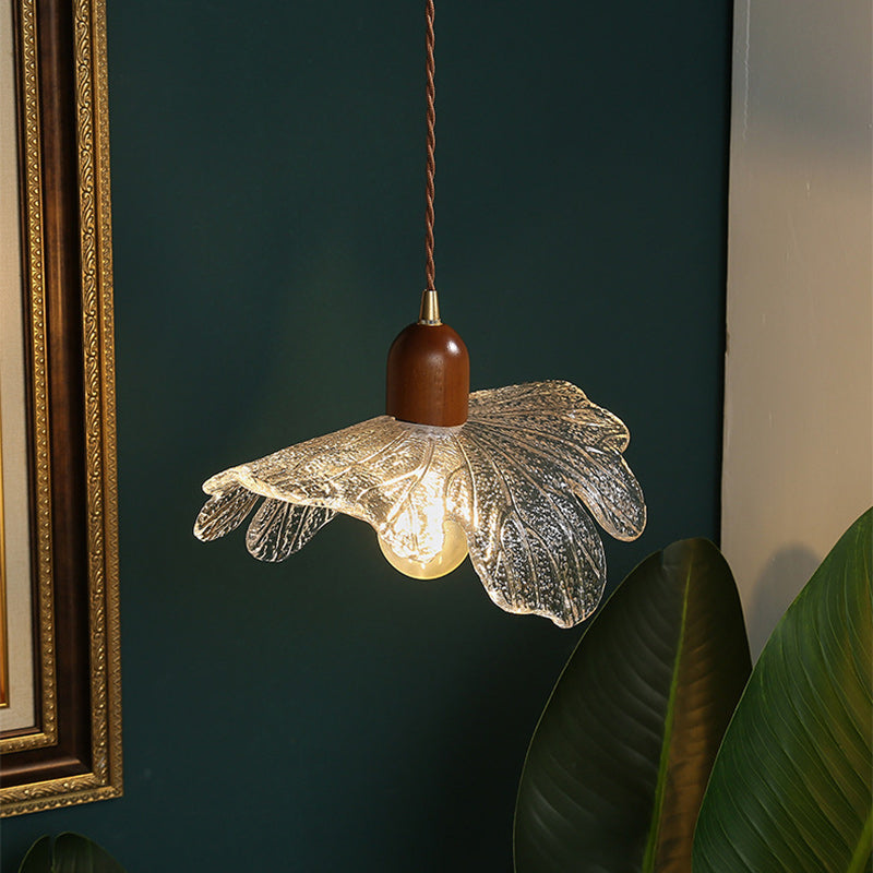 Traditional Vintage Floral Brass Wood Glass Shade 1-Light Pendant Light For Living Room
