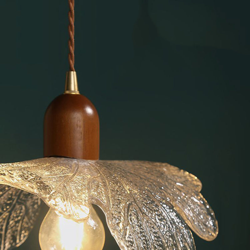 Traditional Vintage Floral Brass Wood Glass Shade 1-Light Pendant Light For Living Room