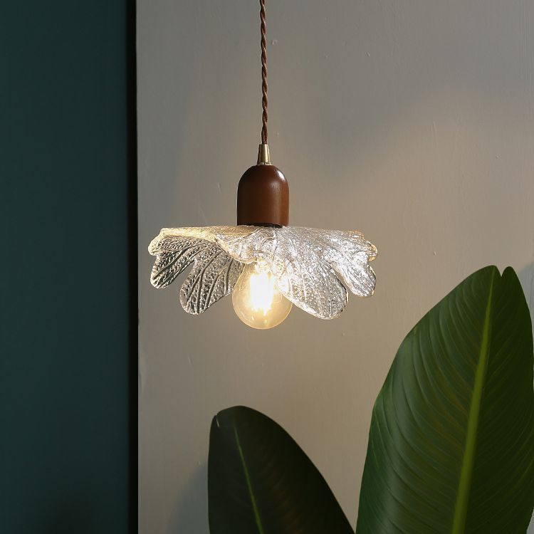 Traditional Vintage Floral Brass Wood Glass Shade 1-Light Pendant Light For Living Room