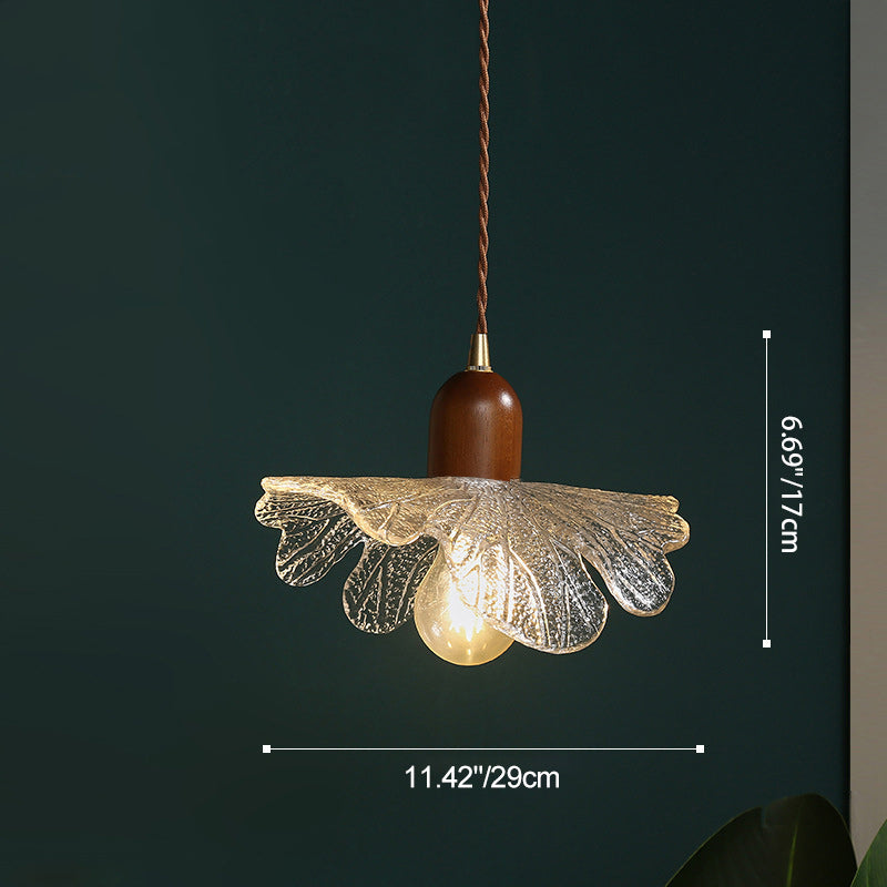 Traditional Vintage Floral Brass Wood Glass Shade 1-Light Pendant Light For Living Room