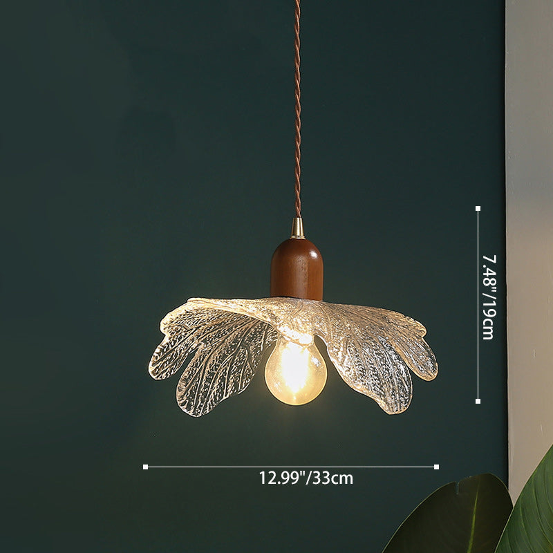 Traditional Vintage Floral Brass Wood Glass Shade 1-Light Pendant Light For Living Room