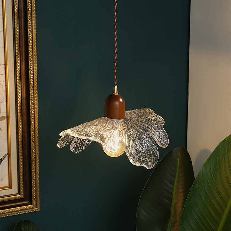 Traditional Vintage Floral Brass Wood Glass Shade 1-Light Pendant Light For Living Room