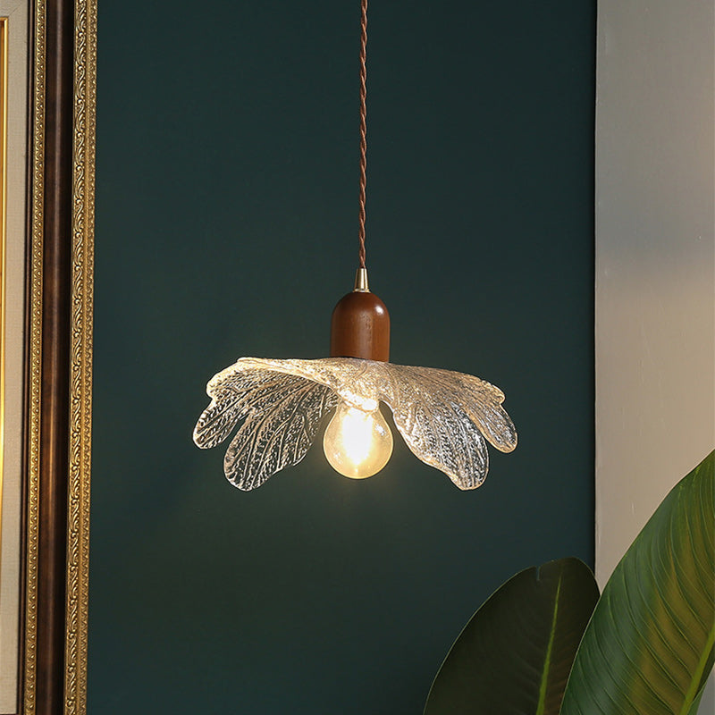 Traditional Vintage Floral Brass Wood Glass Shade 1-Light Pendant Light For Living Room