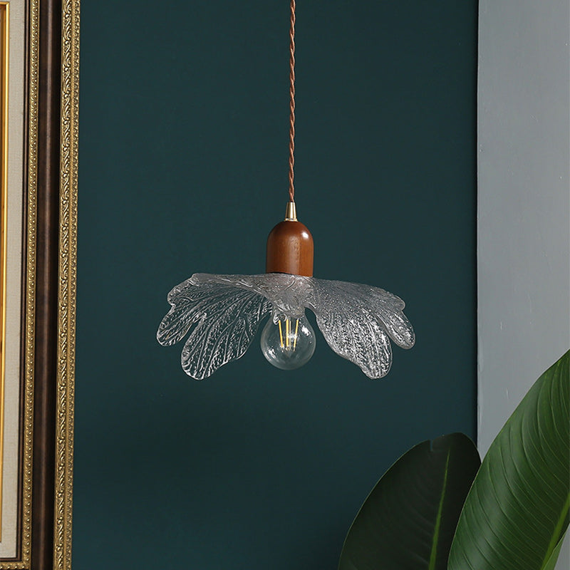 Traditional Vintage Floral Brass Wood Glass Shade 1-Light Pendant Light For Living Room