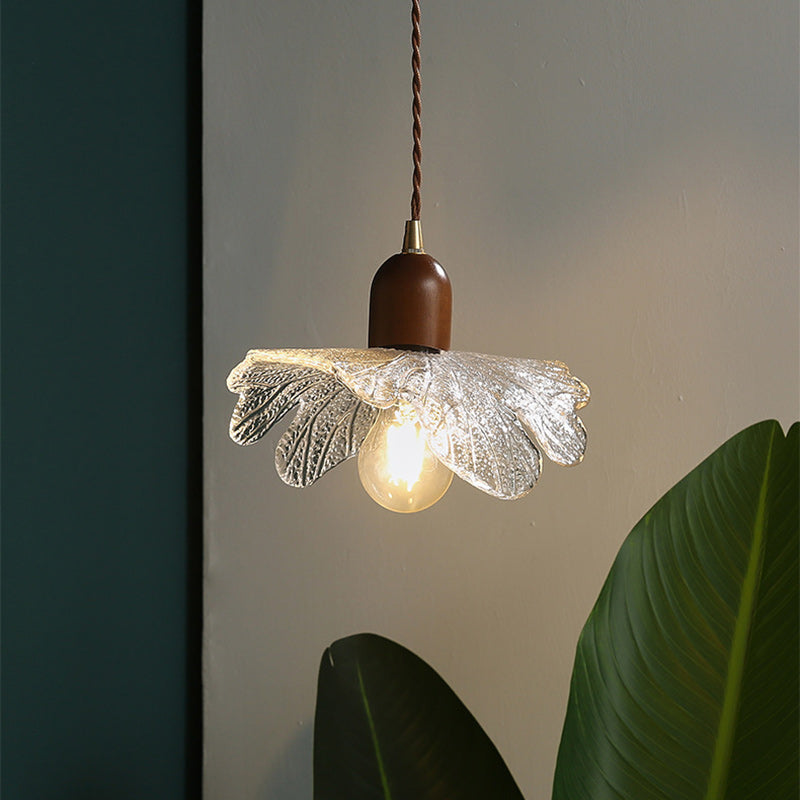 Traditional Vintage Floral Brass Wood Glass Shade 1-Light Pendant Light For Living Room