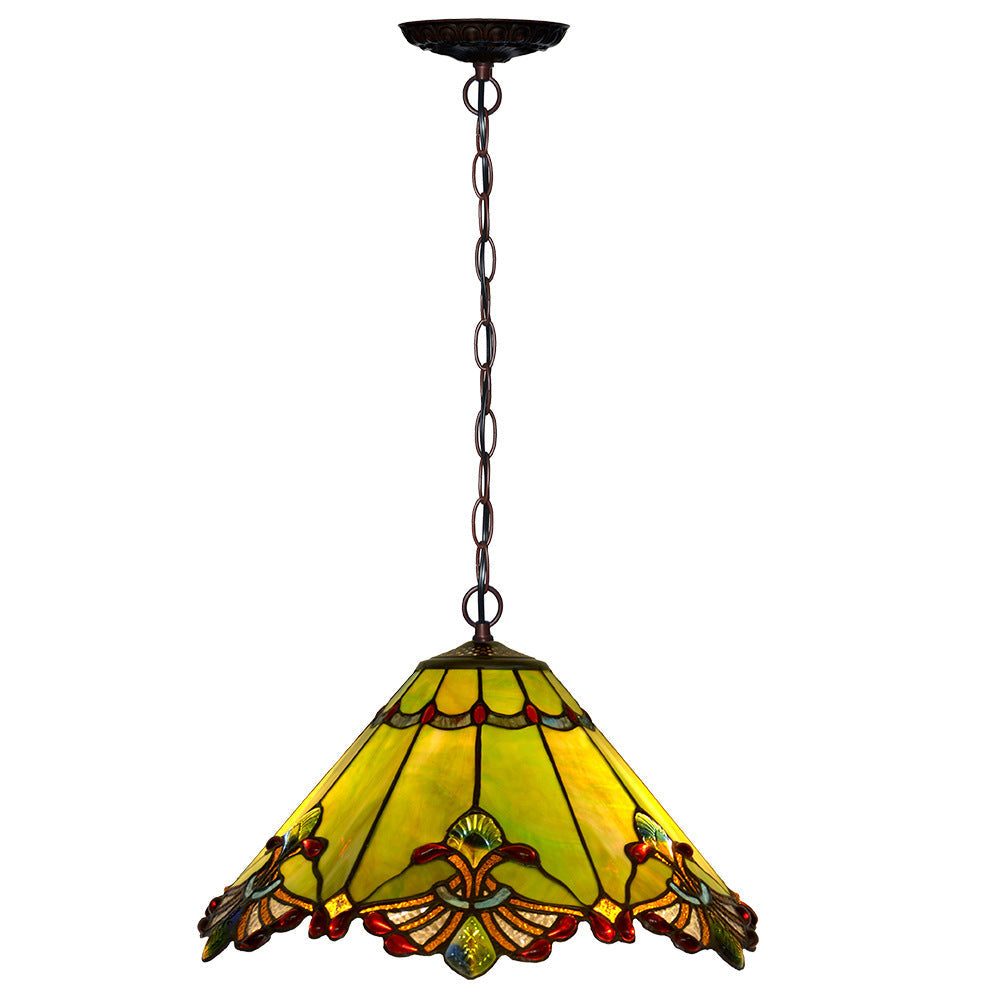 Traditional Tiffany Cone Butterfly Dragonfly Metal Stained Glass 1-Light Pendant Light For Living Room