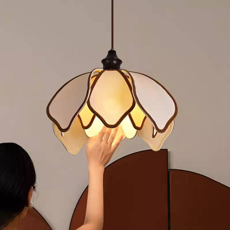 Traditional French Multi Layered Petal Fabric Shade Wood 1-Light Pendant Light For Living Room