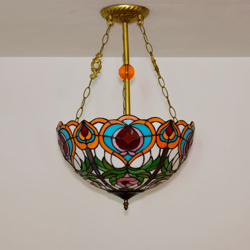 Traditional Tiffany Round Dome Peach Iron Stained Glass Shade 3-Light Chandelier For Living Room